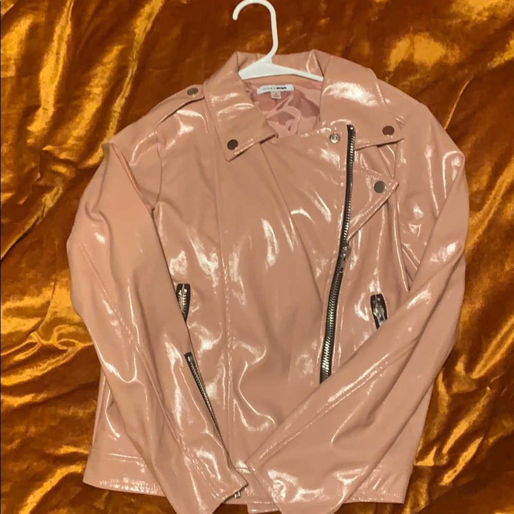 Powder pink faux leather moto jacket